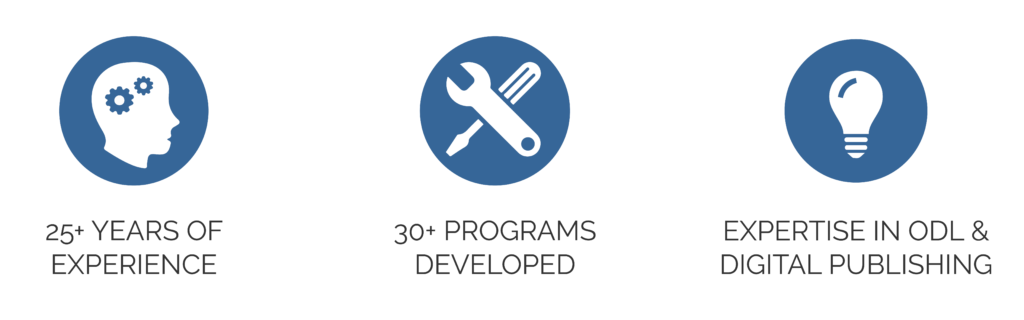 25+ years of experience, 30+ programs developed, expertise in ODL and digital publishing